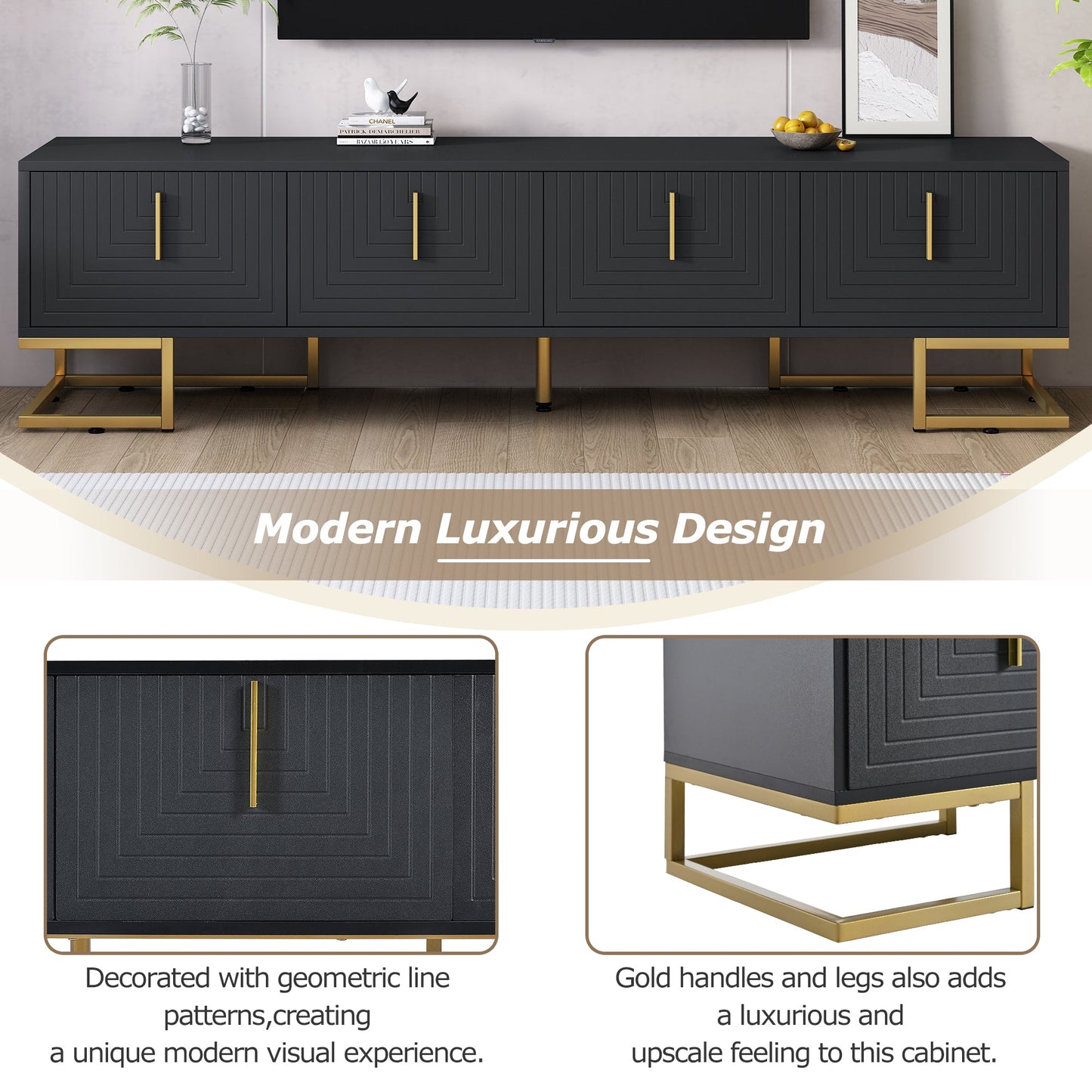TV Stand Modern Black Gold Geometric Door MDF Adjustable Shelves Fits 80 In