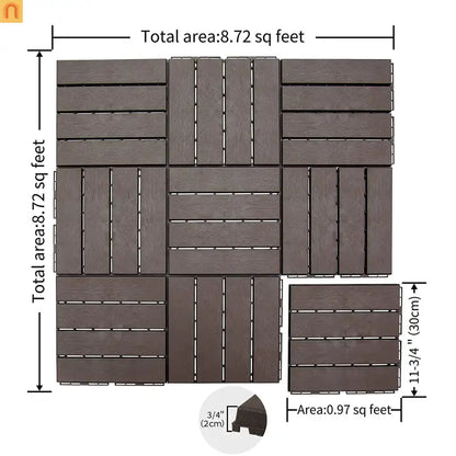 Outdoor Deck Tiles Interlocking Plastic Dark Brown 12x12 in Pack of 9