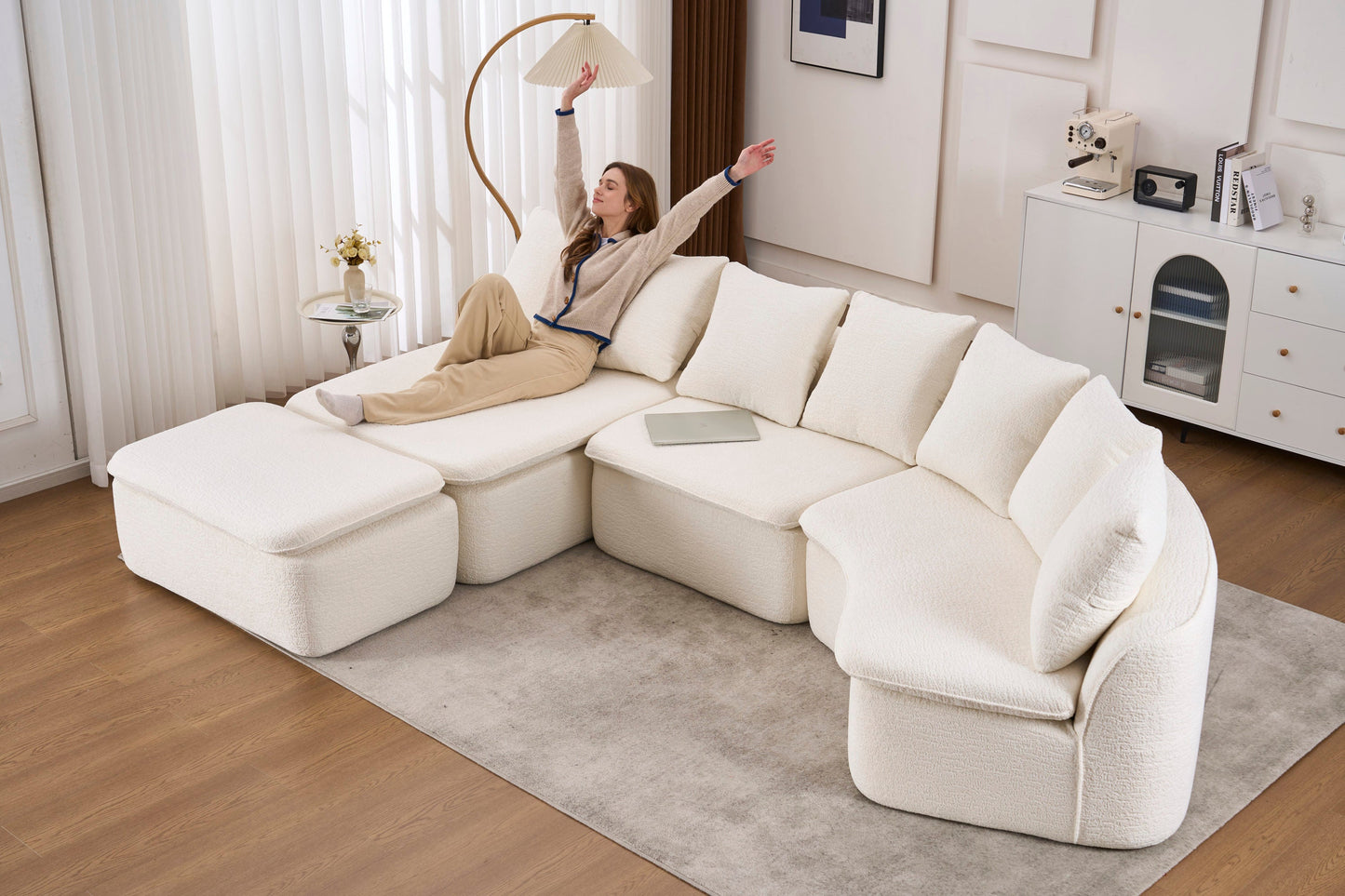 Sectional Sofa U-Shape Chenille Milk White 10 Seat Modular 128 In