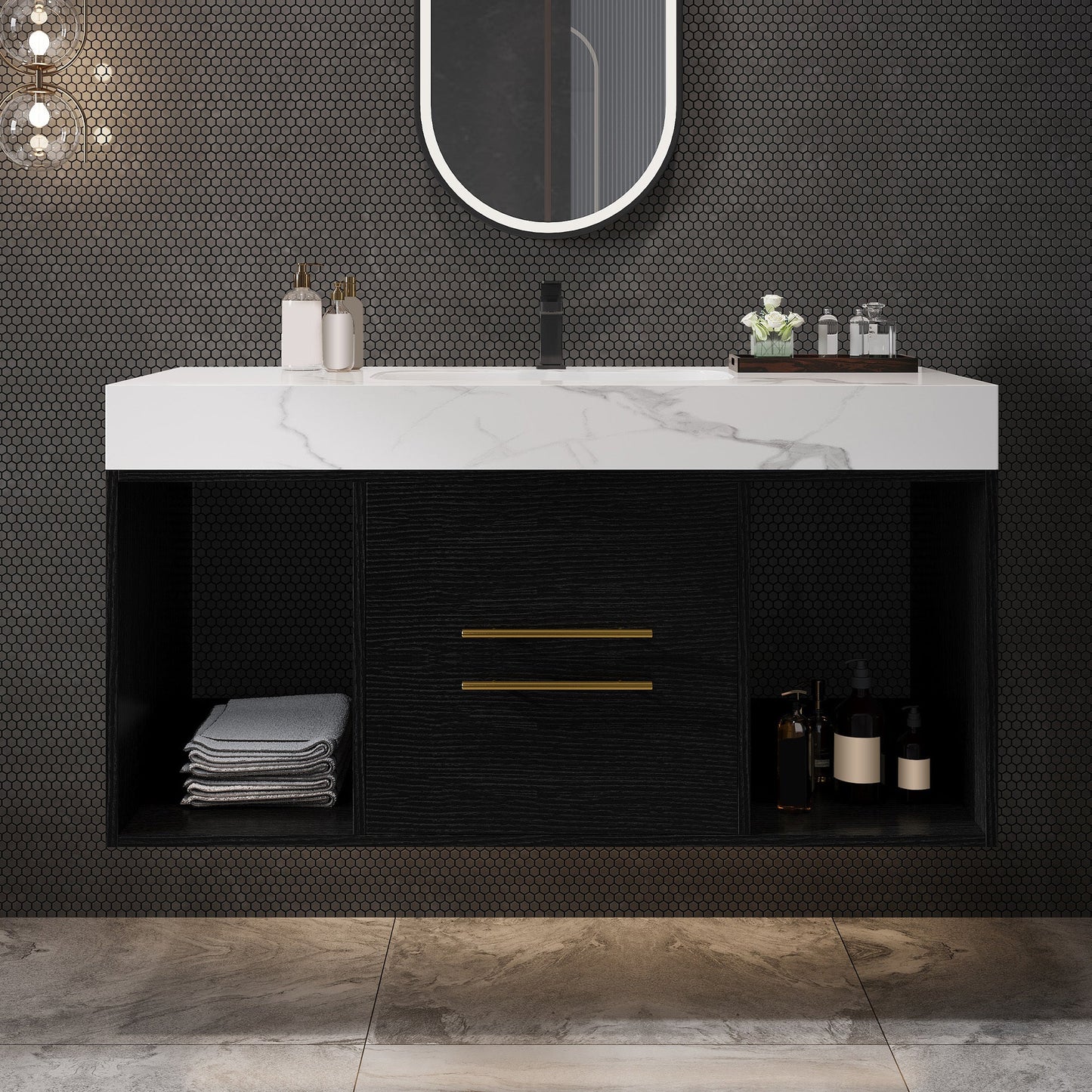 39.4' Floating Bathroom Vanity with Ceramic Sink, 2 Drawers and 2 Open Shelves