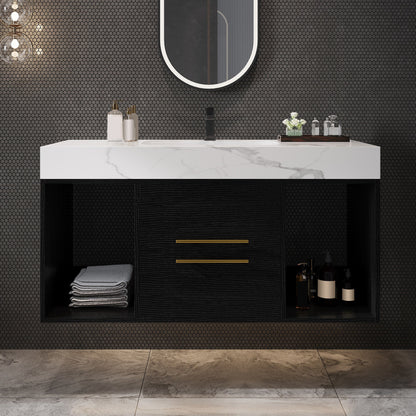 39.4' Floating Bathroom Vanity with Ceramic Sink, 2 Drawers and 2 Open Shelves