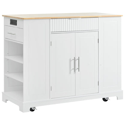 K&K Fluted Kitchen Island with Trash Can Storage Cabinet, Power Outlet, Internal Storage Rack, Rolling Kitchen Islands on 5 Wheels with 3 Drawer, 3 Open Side Racks for 10 Gallon Garbage Bin, White