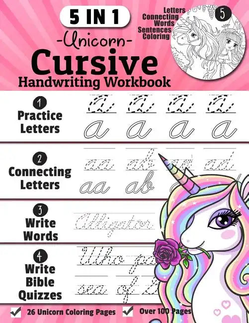 Unicorn Cursive Handwriting Workbook: 5-in-1 Cursive Handwriting Practice Books Beginning to Master For Kids: Tracing Letters, Connecting Cursive Lett - Paperback