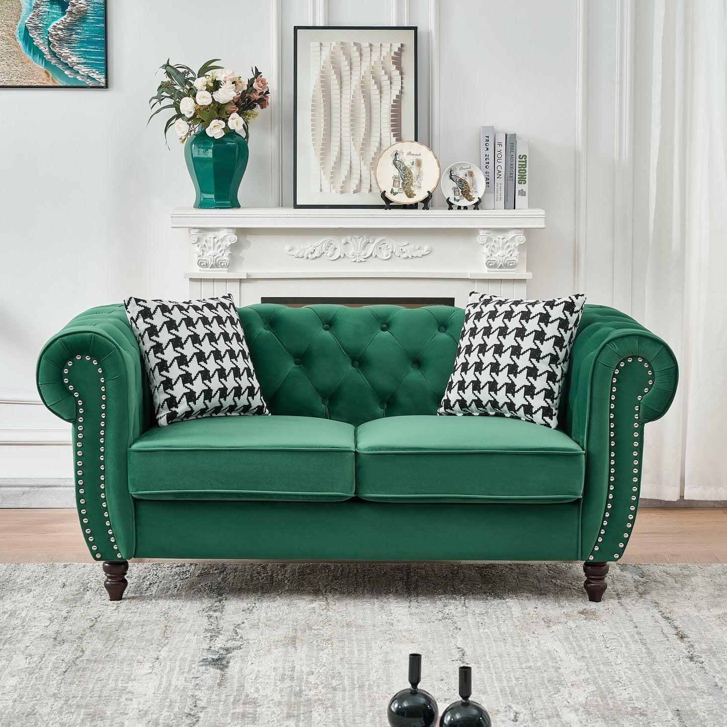 Loveseat Chesterfield Velvet Green Mid-Century Nailhead Rolled Arms 67 In