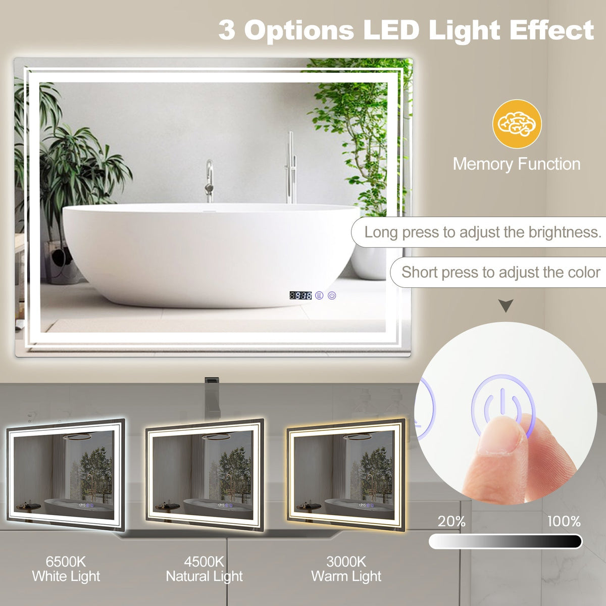 Defogging LED Bathroom Mirror with Memory Function and Anti-Fog