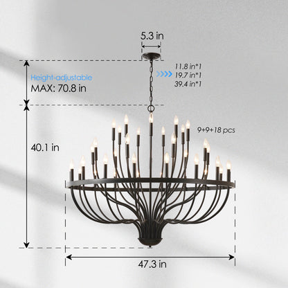 Chandelier 36-Light Black Industrial Iron Candle Farmhouse Pendant
