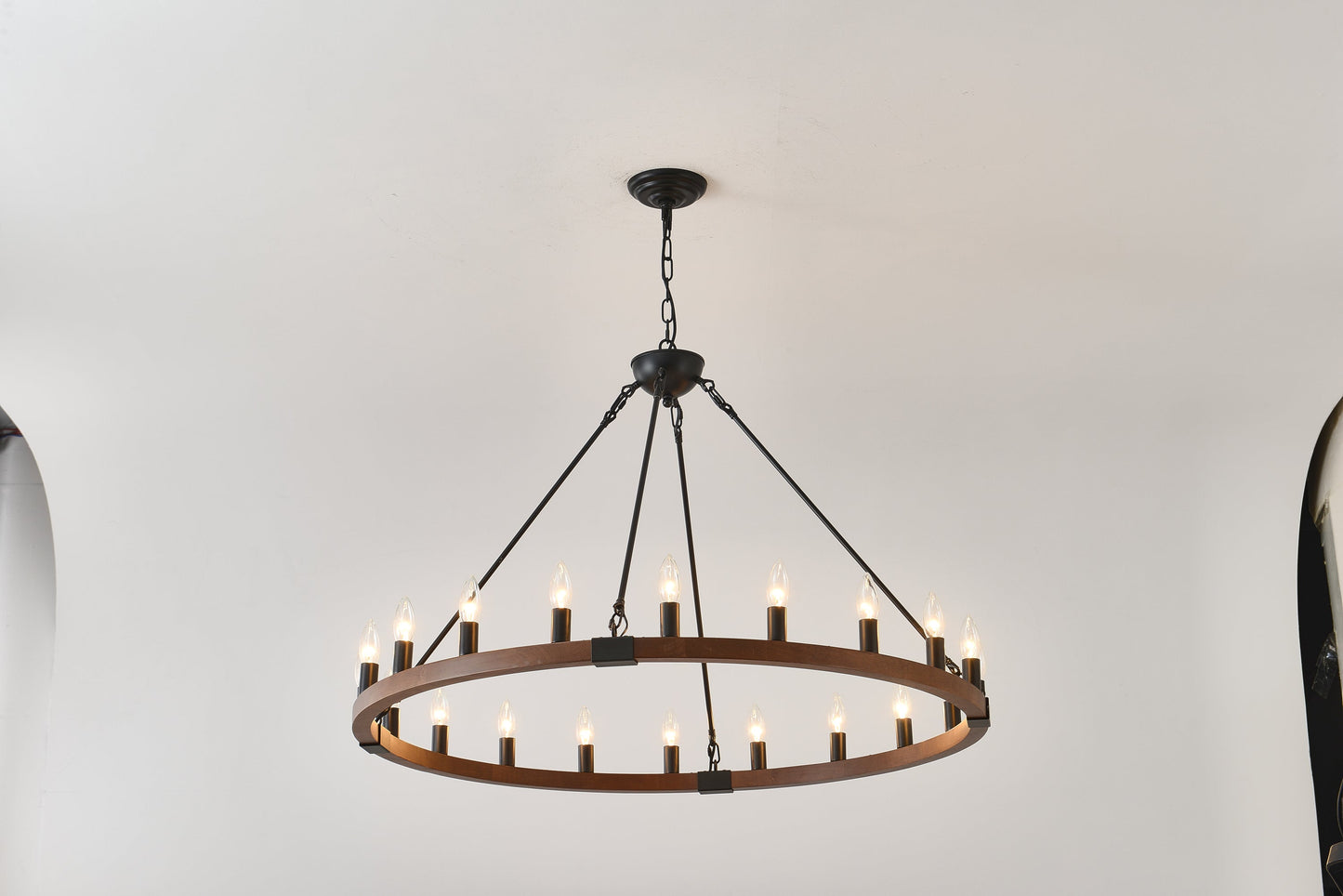 Chandelier Wood Wagon Wheel 20-Light Farmhouse Matte Black 39.3 In