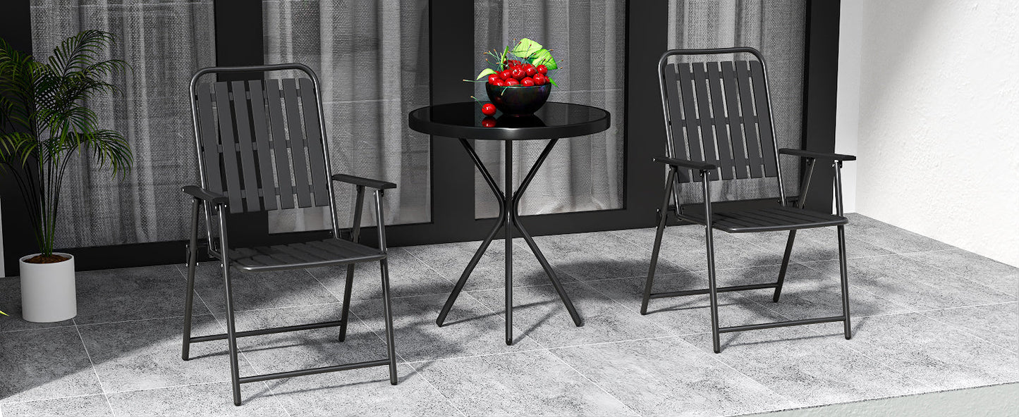 Outdoor Patio Set Metal WPC Black 3 Piece Folding Chairs Glass Table 350 LB