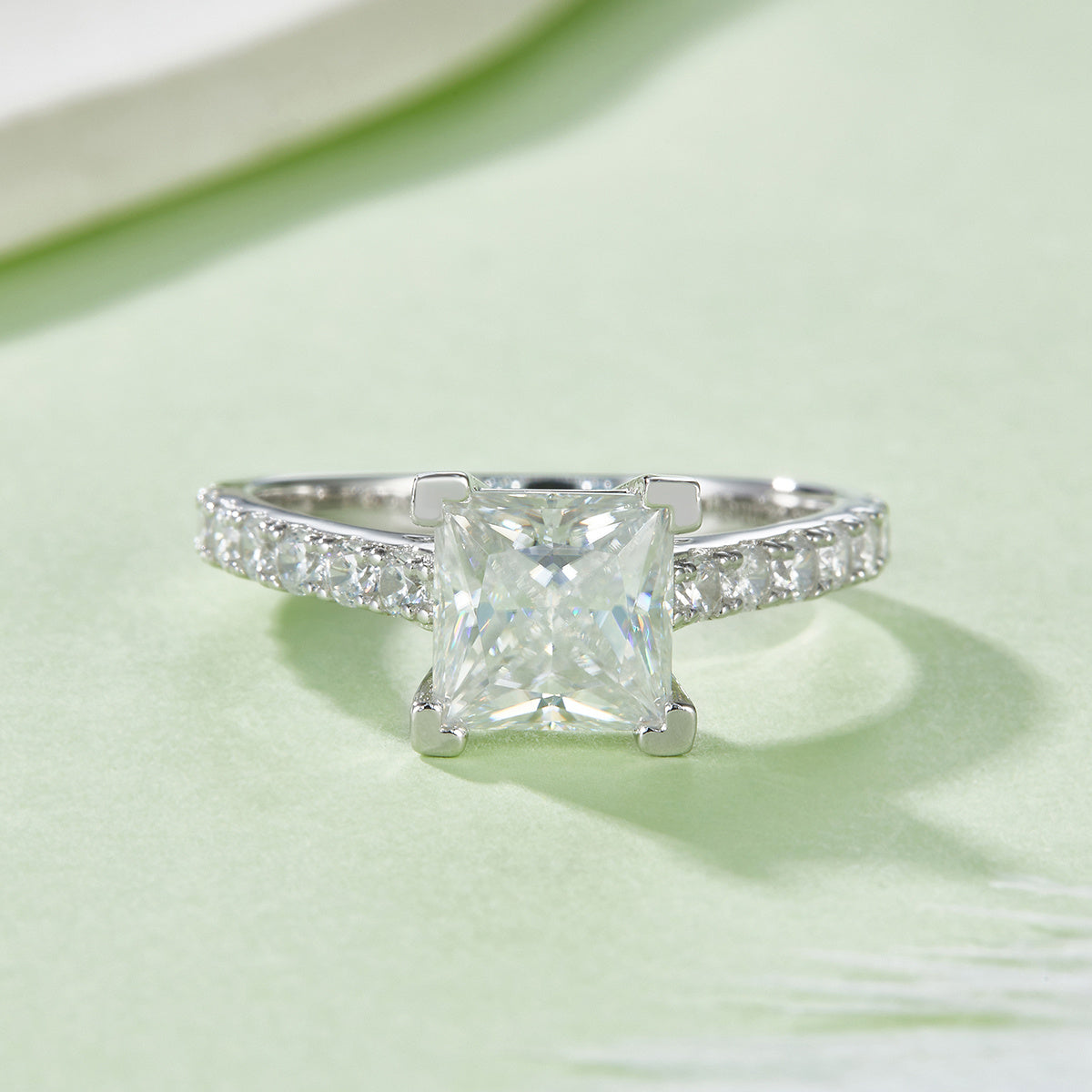 S925 Sterling Silver 2ct Princess Cut Moissanite Ring, 7x7mm D-VVS1 Pave Band, Platinum Plated US Sizes 5-9, GRA Certificate Jewelry Gift Box