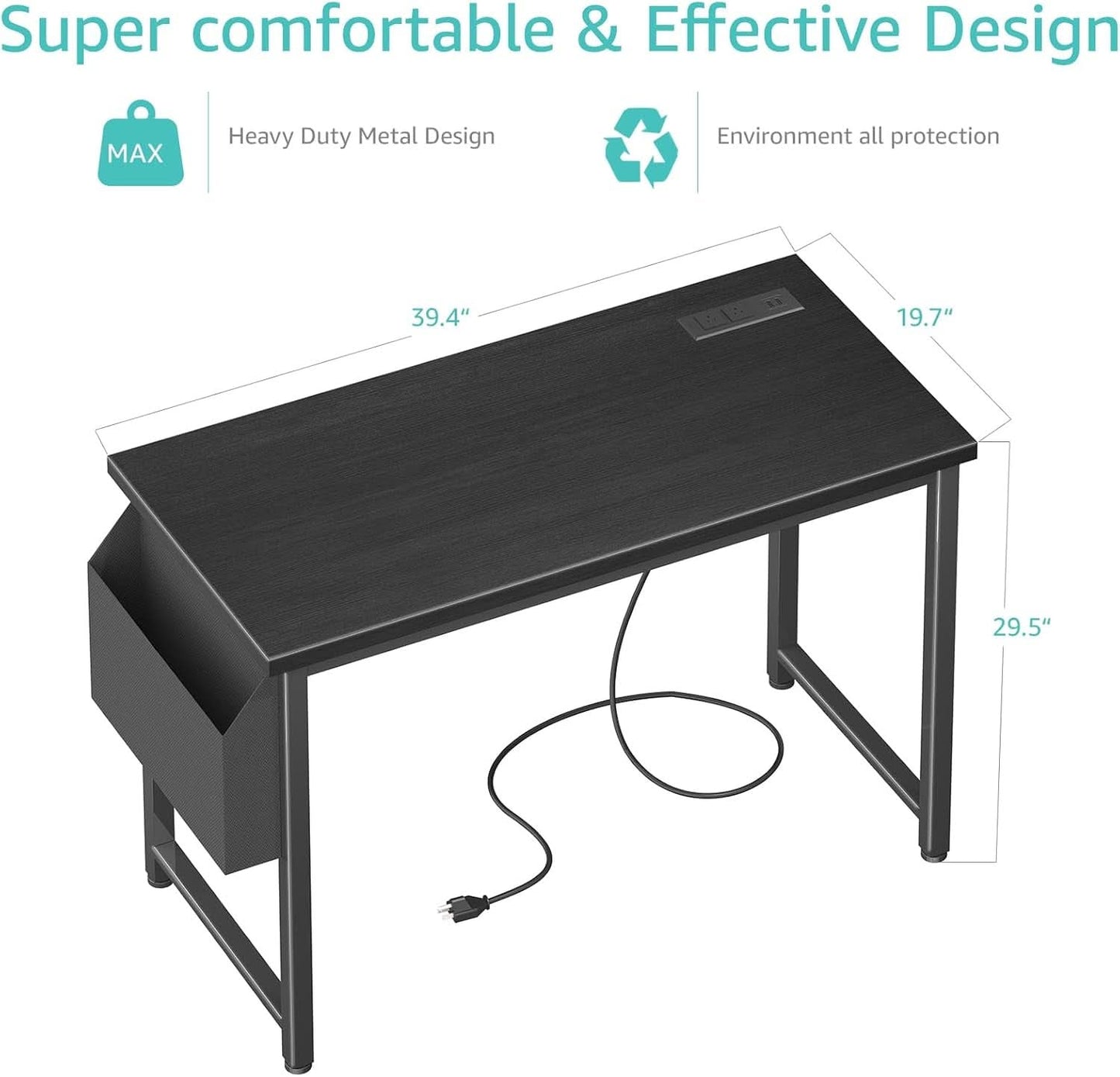 39 Inch Computer Desk With Built In Power Outlet And USB Charging Ports