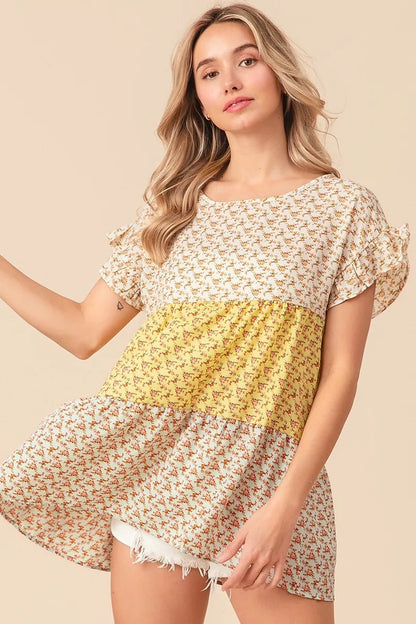 BiBi Flroal Printed Woven Color Block and Tiered Top
