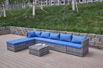 Outdoor Patio Sofa Set PE Rattan Blue Gray All Weather Steel Frame