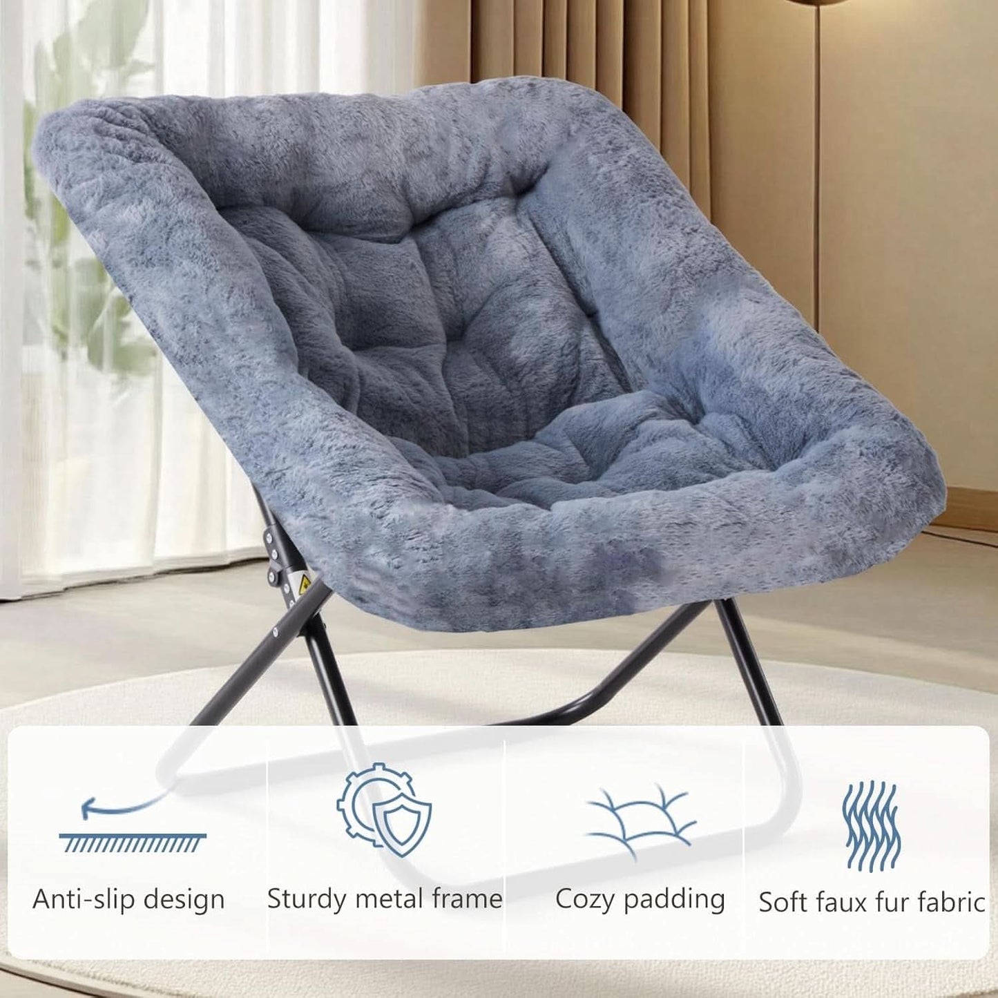 Oversized FauxFur Folding Lounge Chair Charcoal Gray