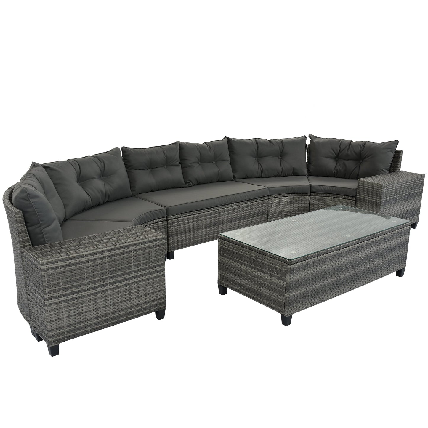 Outdoor Sectional Set PE Wicker Steel Gray Half Moon 8 Piece 250 LB
