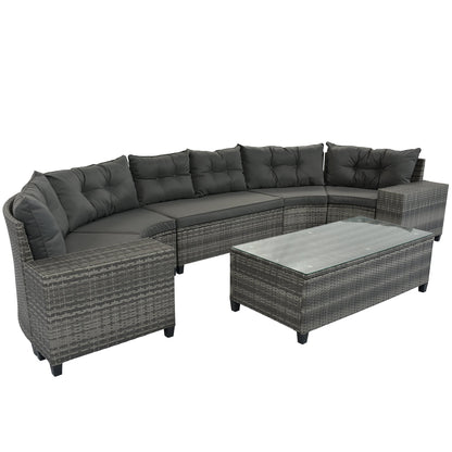 Outdoor Sectional Set PE Wicker Steel Gray Half Moon 8 Piece 250 LB