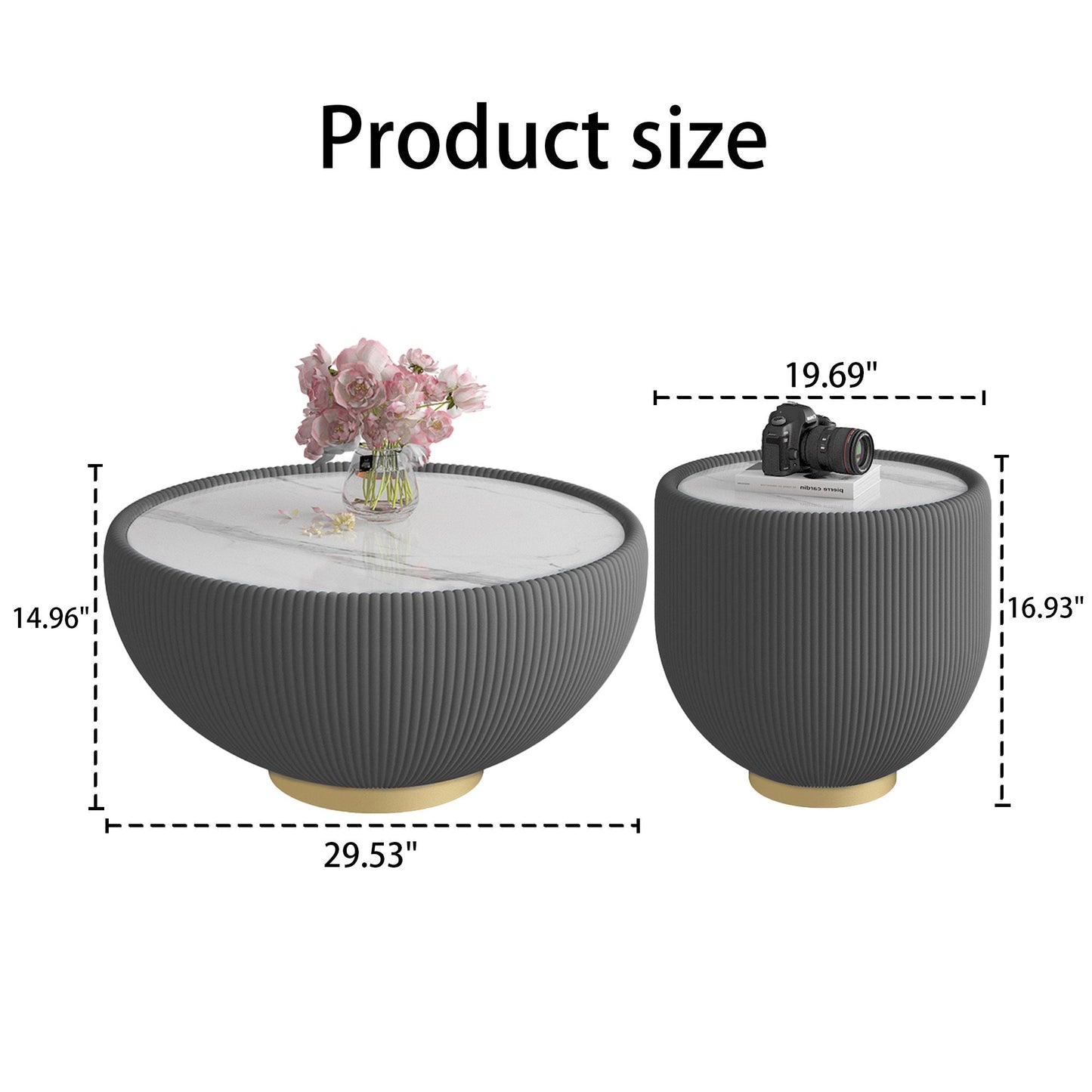 Round Sintered Stone Sofa End Table, Leather Edge, Metal Base, Living Room