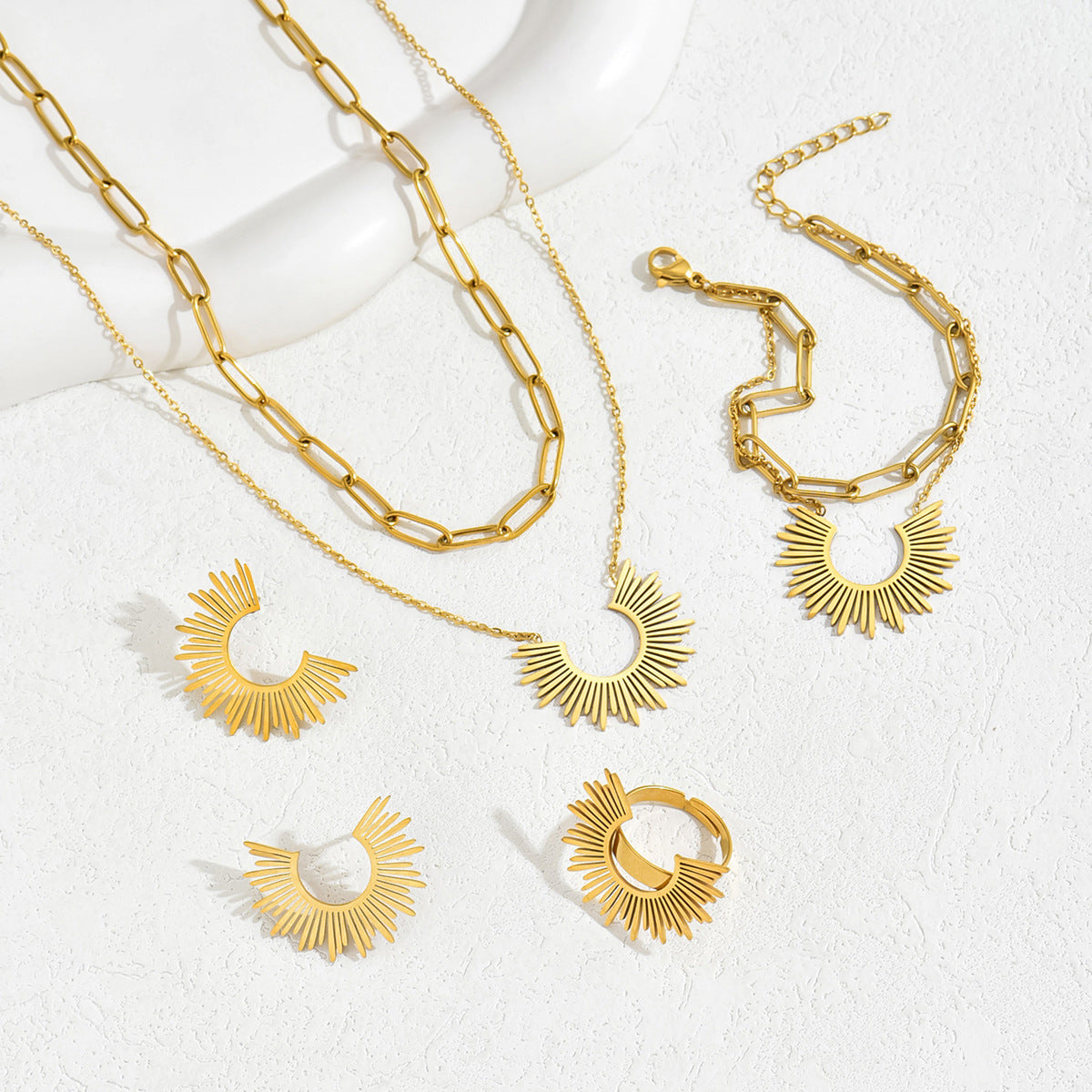 Sweet Elegant Camellia Style Minimal Women Full Jewelry Set, Niche Sunflower Design Bracelet Earrings Long Pendant Necklace Index Finger Ring Daily Accessories
