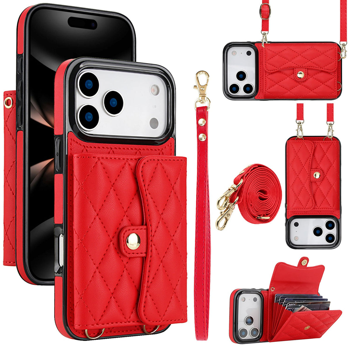 Phone Case Protective Leather Cover Crossbody Shoulder Strap Quilted Chanel-style