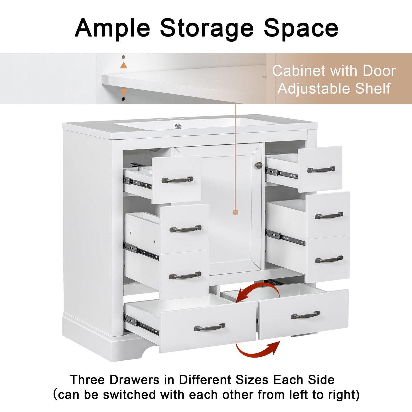 36' Bathroom Vanity with Sink Combo, Six Drawers, Multi-Functional Drawer Div...