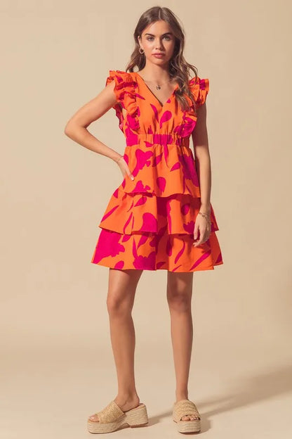SO ME Floral V Neck Layered Dress with Elasticized Waist