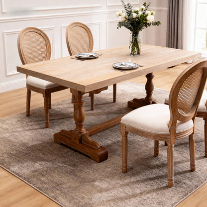 French Style Solid Wood Linen Fabric Rattan Back Dining Chair, Set of 2, Beige