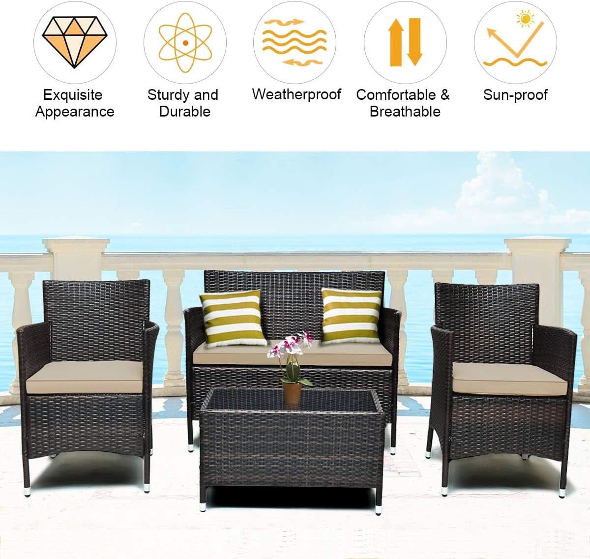 4-Piece Outdoor Rattan Conversation Set with Cushions
