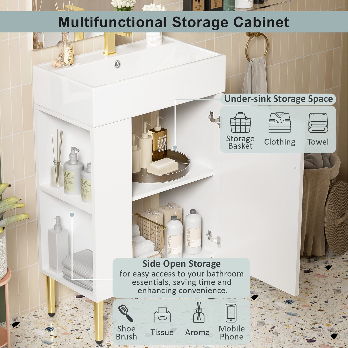 Amelia 21.6' Bathroom Vanity with Storage Cabinet, Single Ceramic Sink and Le...