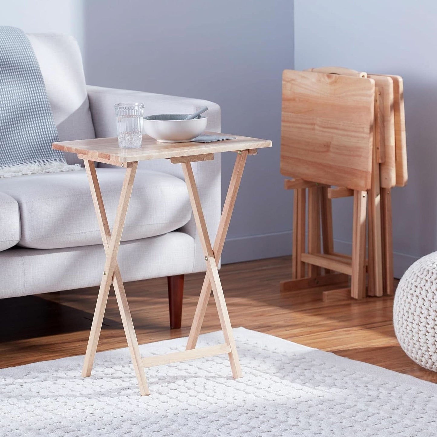 TV Dinner Tray Table Set of 4 With Storage Rack Natural