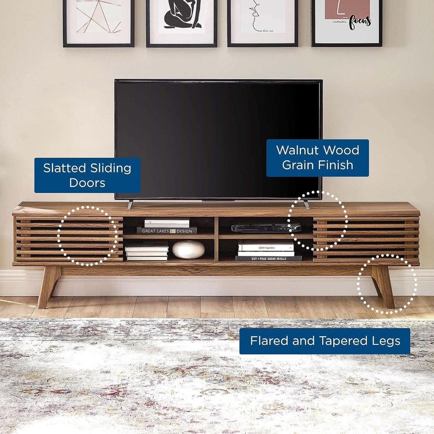 70 Inch Mid Century Modern Walnut TV Stand Console