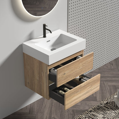 24' Rough Oak Bathroom Vanity with White Glossy Engineered Quartz Sink Soft Drawers