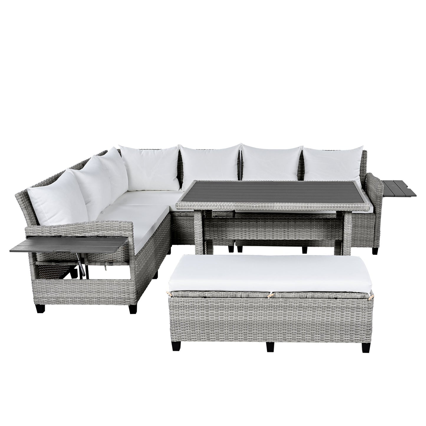 Outdoor Sectional Set PE Rattan Steel White 5 Piece Seats 7 Extendable