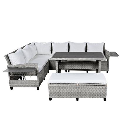 Outdoor Sectional Set PE Rattan Steel White 5 Piece Seats 7 Extendable