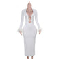 New sexy White Autumn U bust line Hollow Feather sleeves Long Dress for women
