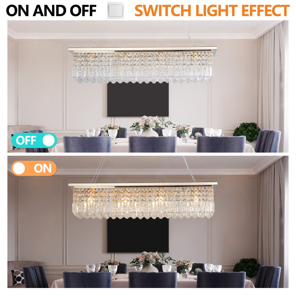 39.4" Rectangle Crystal Raindrop Chandelier | 8-Light Modern Pendant for Dining Room & Kitchen Island — Chrome or Gold, E12