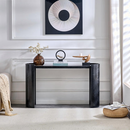 Black Curved Foyer Table, Wood Grain Minimalist Entrance Side Table
