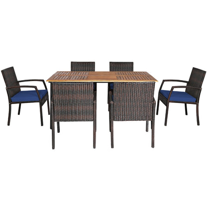 7Pcs Patio Rattan Cushioned Dining Set with Umbrella Hole