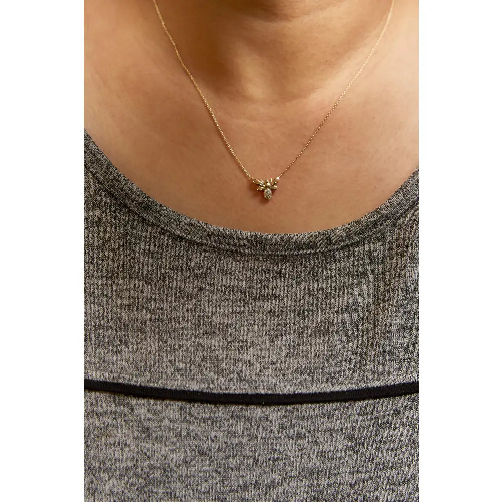 Diamond Pavé Bumble Bee Pendant Necklace in 10K Yellow Gold 18 Inch