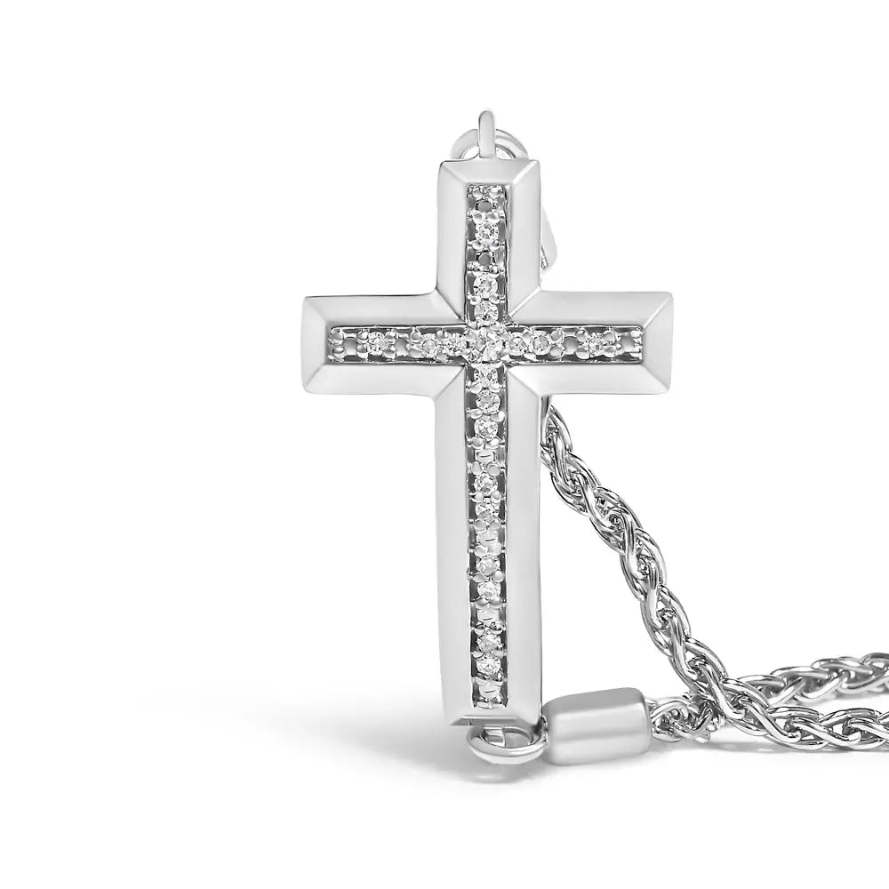 Diamond Cross Pavé Sterling Silver Braided Bolo Bracelet Adjustable 6–9