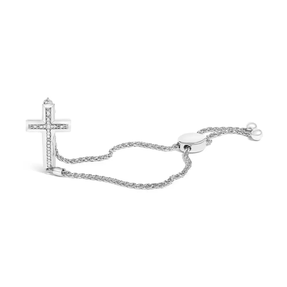 Diamond Cross Pavé Sterling Silver Braided Bolo Bracelet Adjustable 6–9