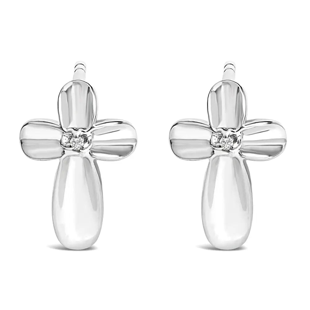 Sterling Silver Diamond Floral Cross Stud Earrings