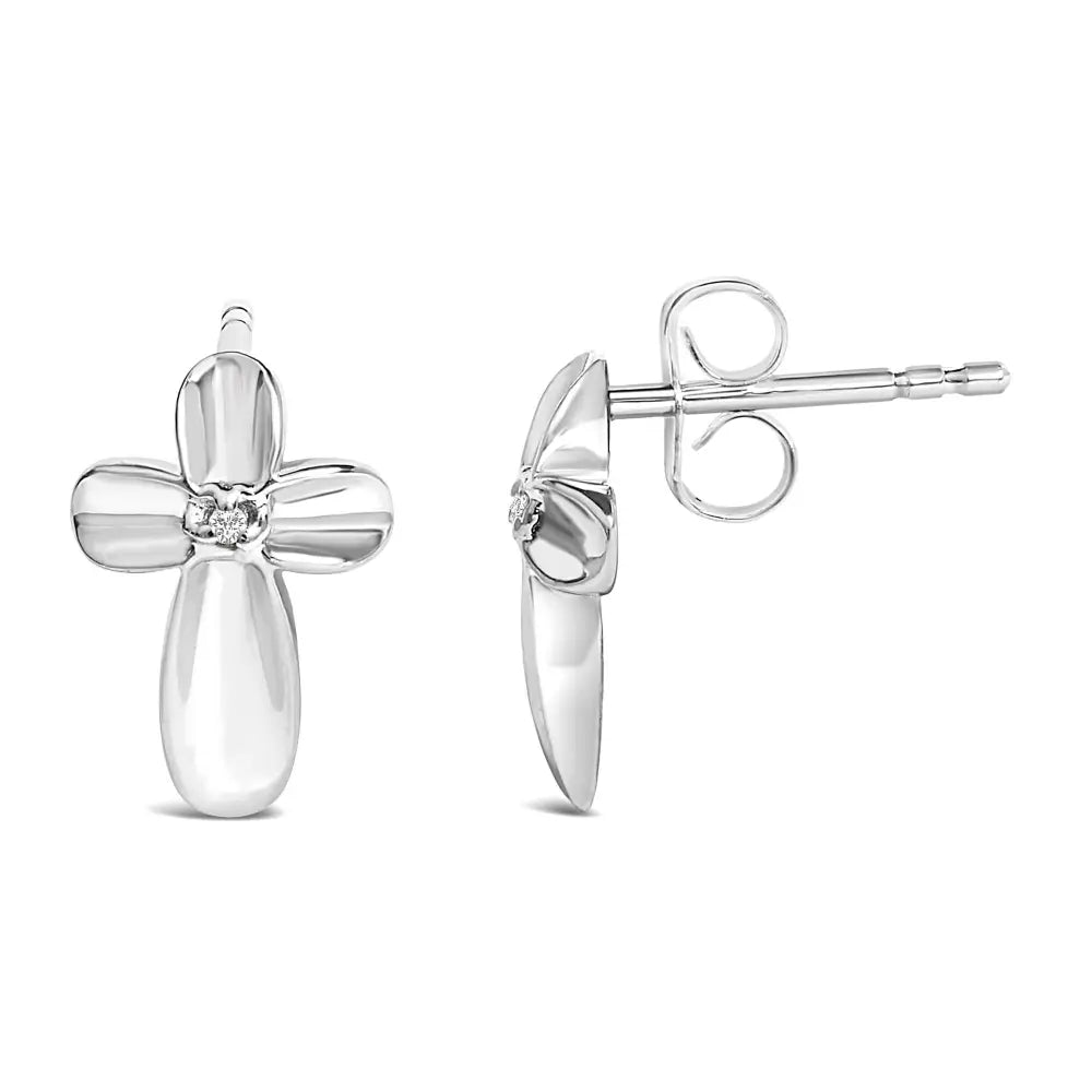 Sterling Silver Diamond Floral Cross Stud Earrings