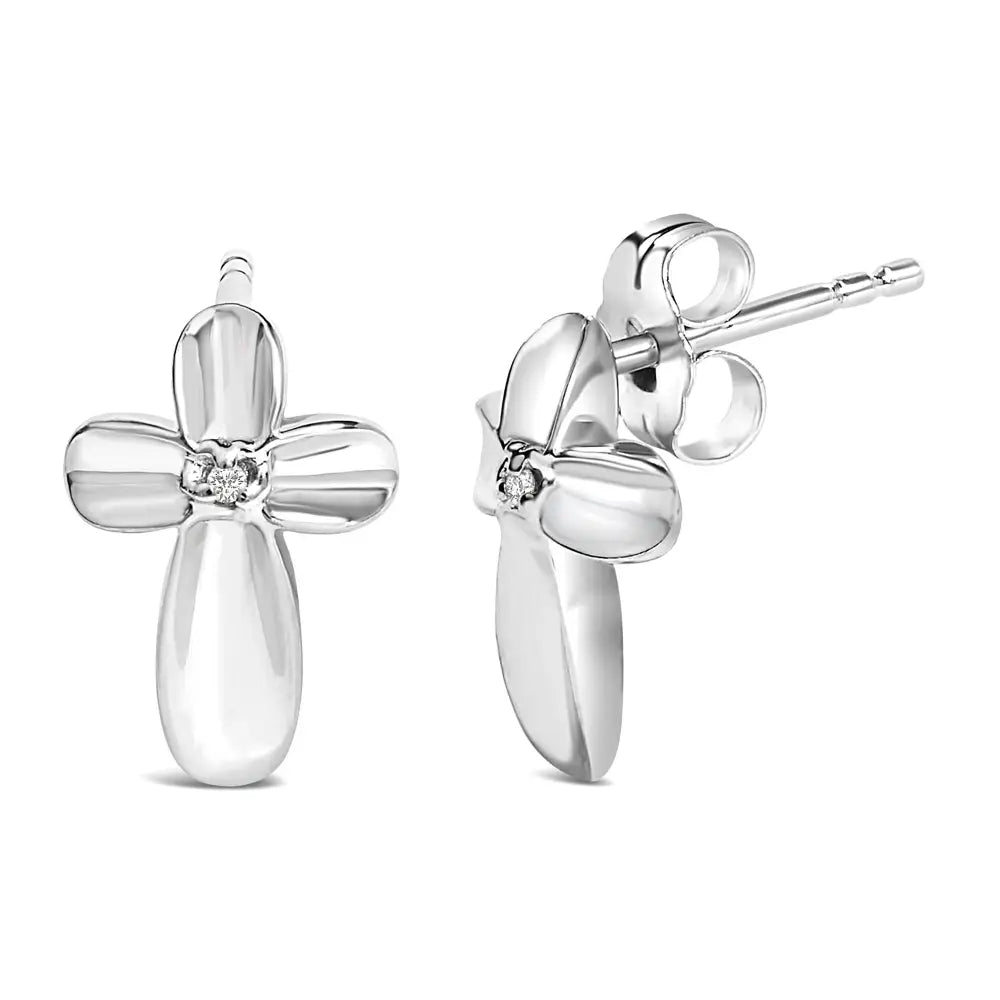 Sterling Silver Diamond Floral Cross Stud Earrings