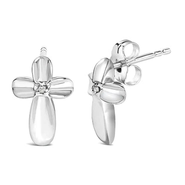 Sterling Silver Diamond Floral Cross Stud Earrings