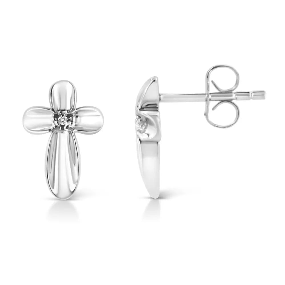 Sterling Silver Diamond Floral Cross Stud Earrings