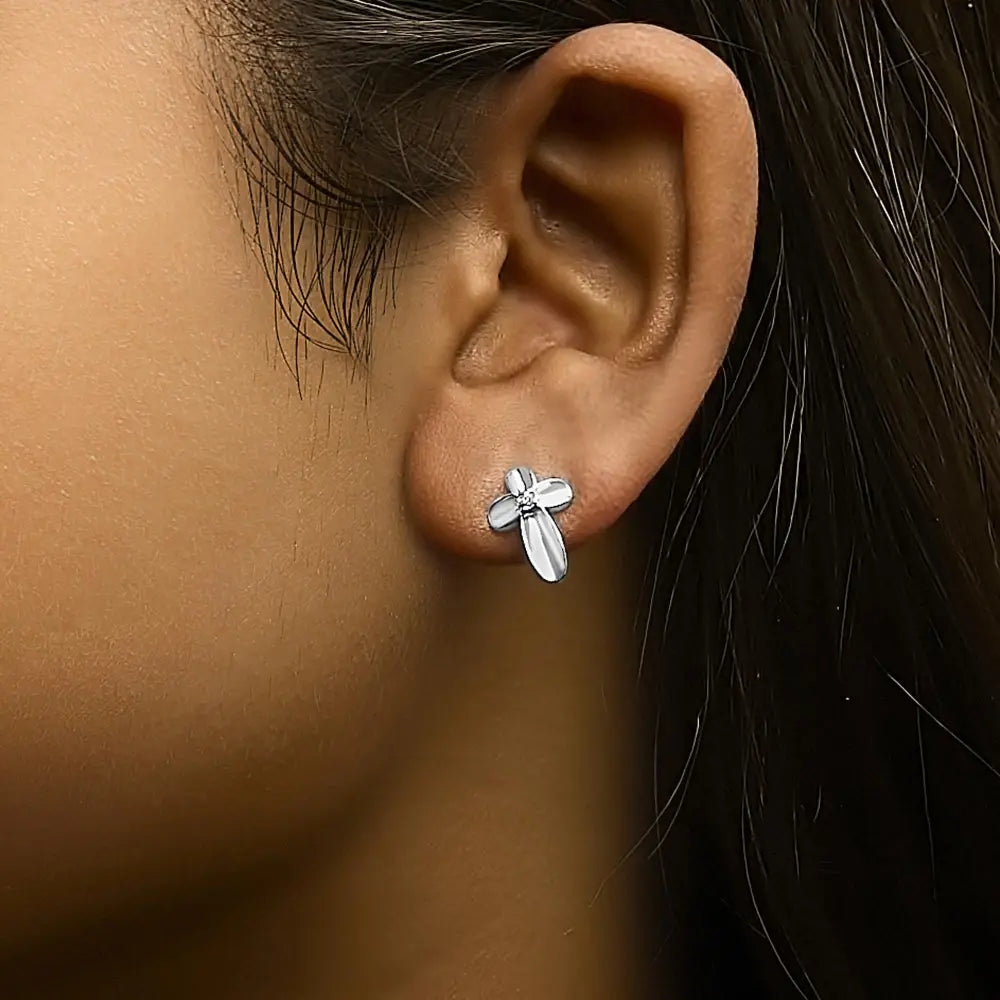 Sterling Silver Diamond Floral Cross Stud Earrings