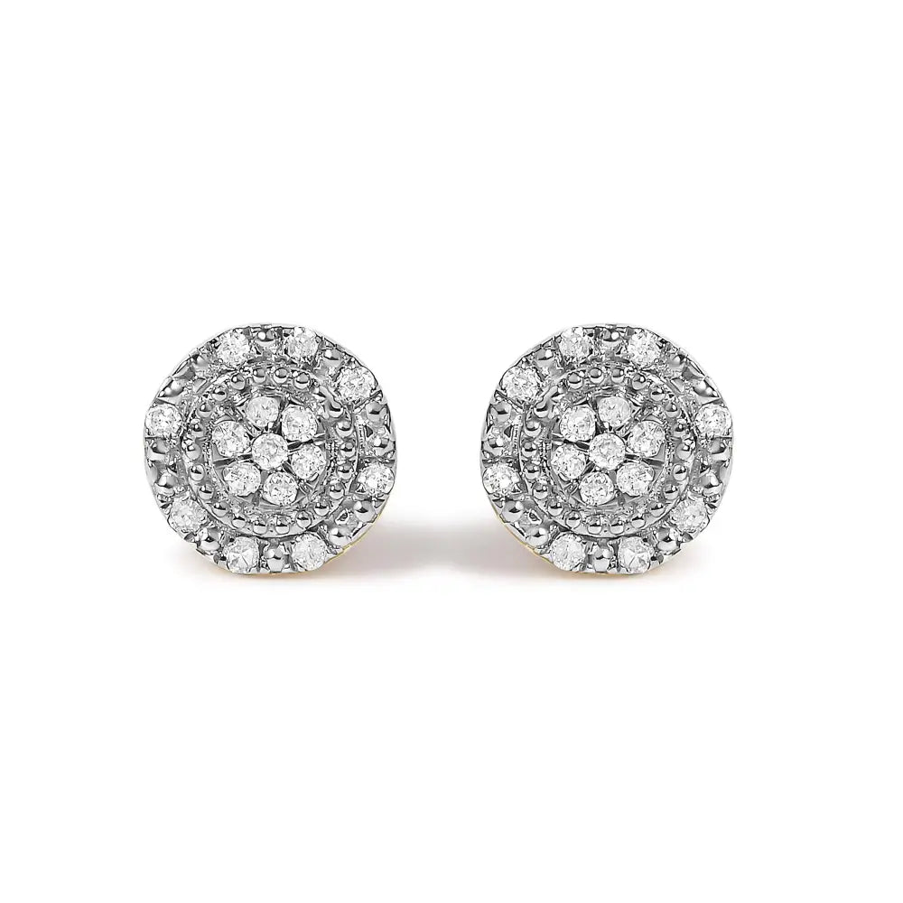 Diamond Beaded Double Halo Stud Earrings in 10K Yellow Gold – 1/7 Cttw