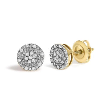 Diamond Beaded Double Halo Stud Earrings in 10K Yellow Gold – 1/7 Cttw