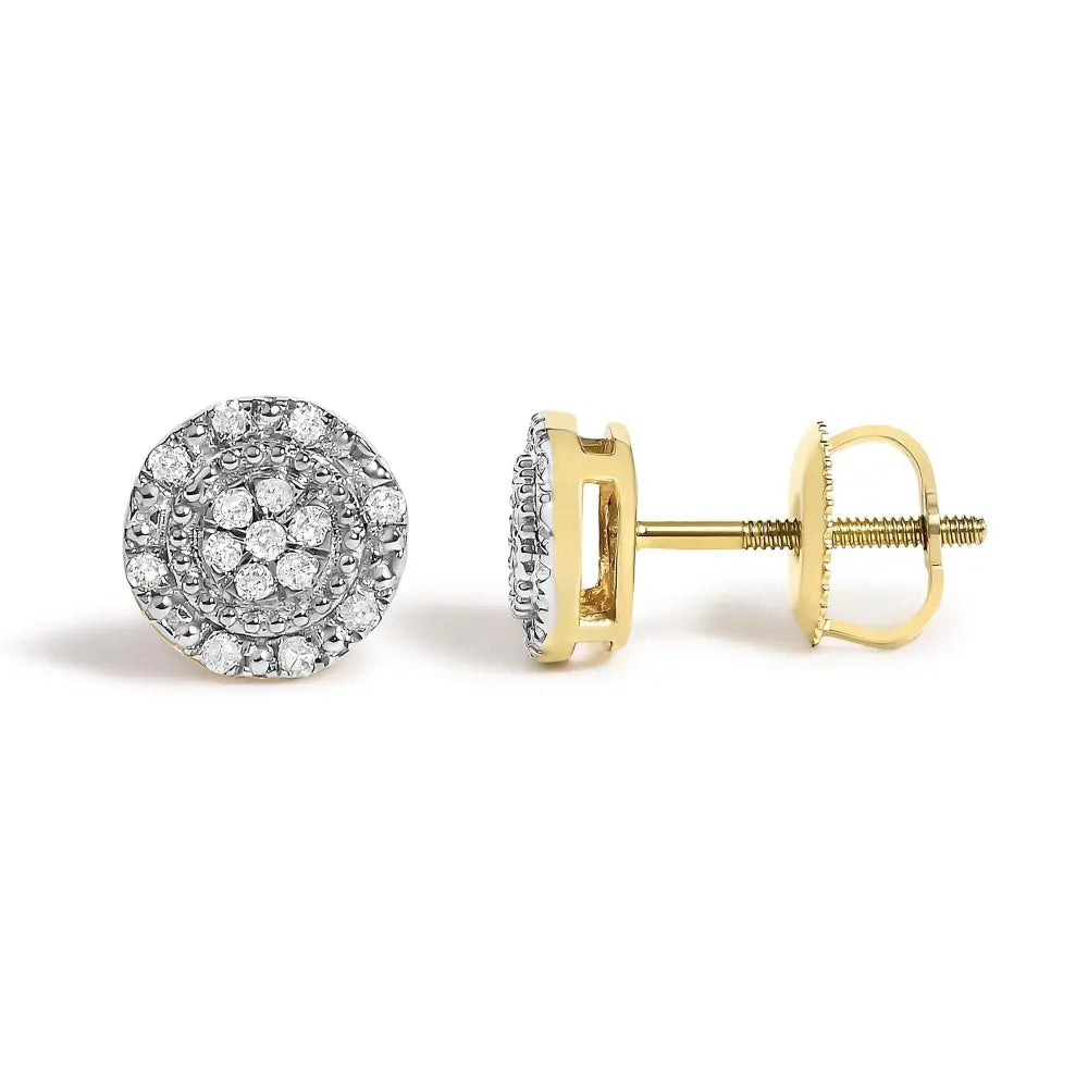 Diamond Beaded Double Halo Stud Earrings in 10K Yellow Gold – 1/7 Cttw