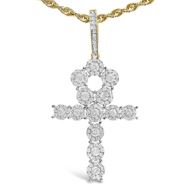 Diamond Cluster Ankh Cross Pendant Necklace in 10K Yellow Gold – 1 3/4 Cttw