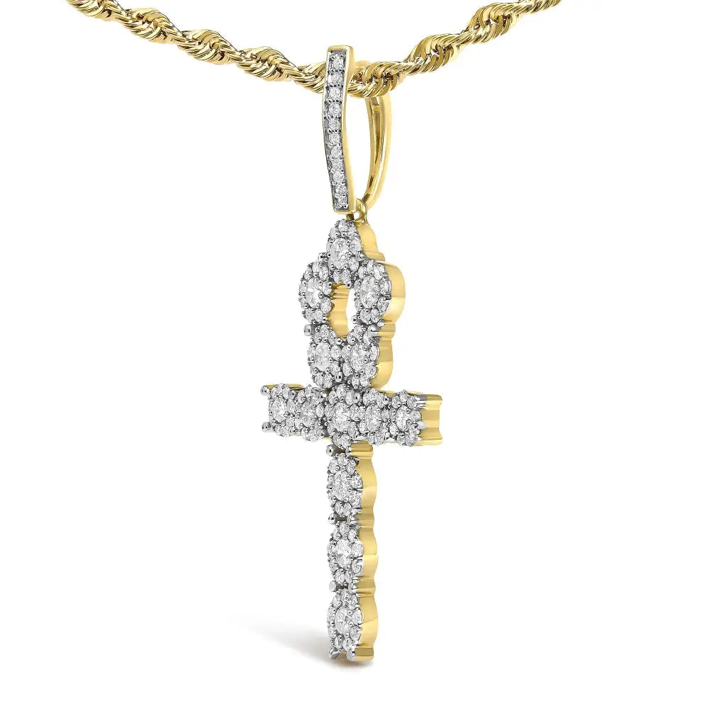 Diamond Cluster Ankh Cross Pendant Necklace in 10K Yellow Gold – 1 3/4 Cttw